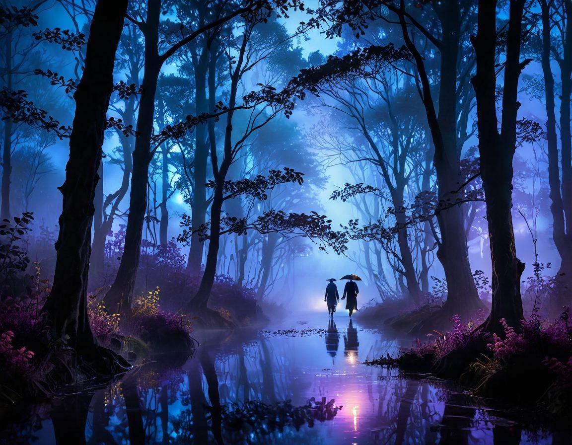 A mystical landscape featuring a shadowy forest intertwined with ethereal lights, where figures explore their fantasies and kinks. Incorporate elements of melancholy like rain or fog, and include playful, nonconformist characters dressed in avant-garde styles, engaging in mysterious activities. The color palette should be rich with deep purples, blues, and hints of gold, creating a dreamlike atmosphere. surreal. vibrant colors. moody lighting.