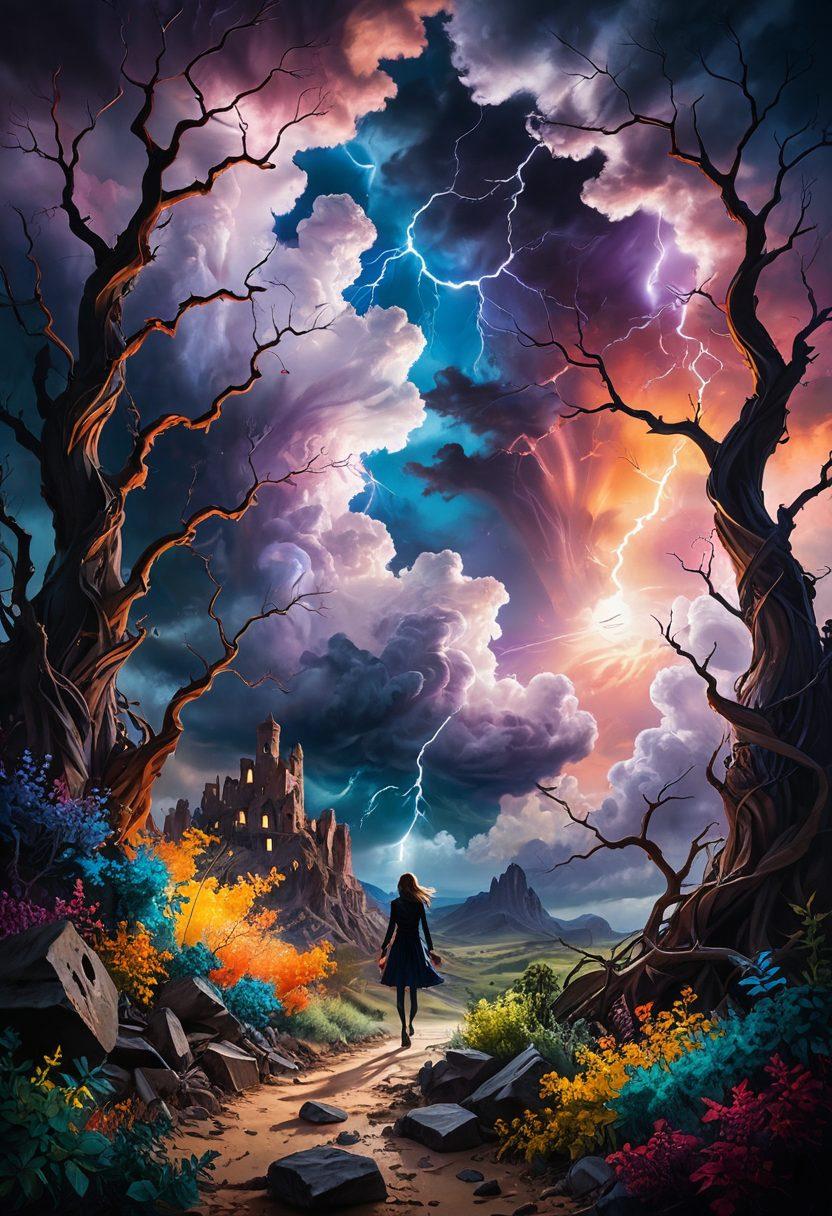 A surreal landscape depicting a vibrant and colorful journey from a dark, stormy background symbolizing despair to a bright and inviting foreground representing desire. Include elements like whimsical keyholes, intertwined vines symbolizing fantasies, and abstract figures celebrating freedom and exploration. The interplay of light and shadows enhances the emotional depth of the scene. surrealism. vibrant colors. mystical atmosphere.