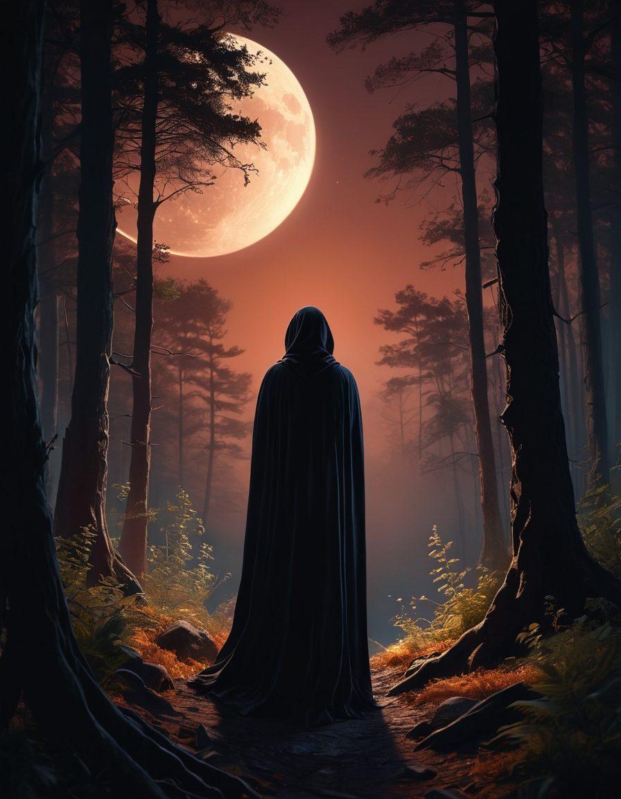 A mysterious figure standing at the edge of a dark forest, illuminated by a crescent moon. Swirling shadows and ethereal wisps of color represent emotional depth, while subtle hints of unconventional objects symbolize nonconformity. The figure gazes thoughtfully into the abyss, embodying the essence of introspection. The scene captures a blend of darkness and vibrant tones, evoking a sense of intrigue and exploration. super-realistic. vibrant colors. 3D.